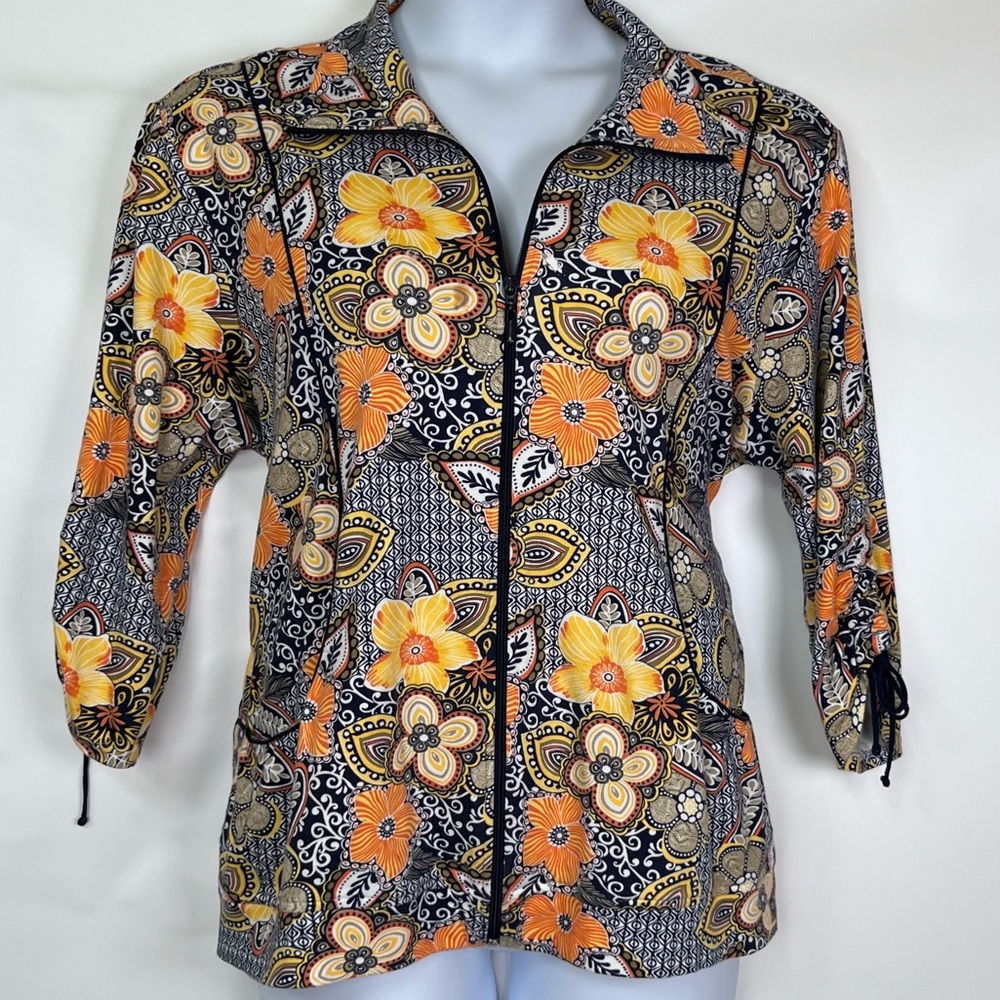 Draper’s & Damon’s Jacket Women XL Multi Color Cotton Floral 3/4 Cinched Sleeves